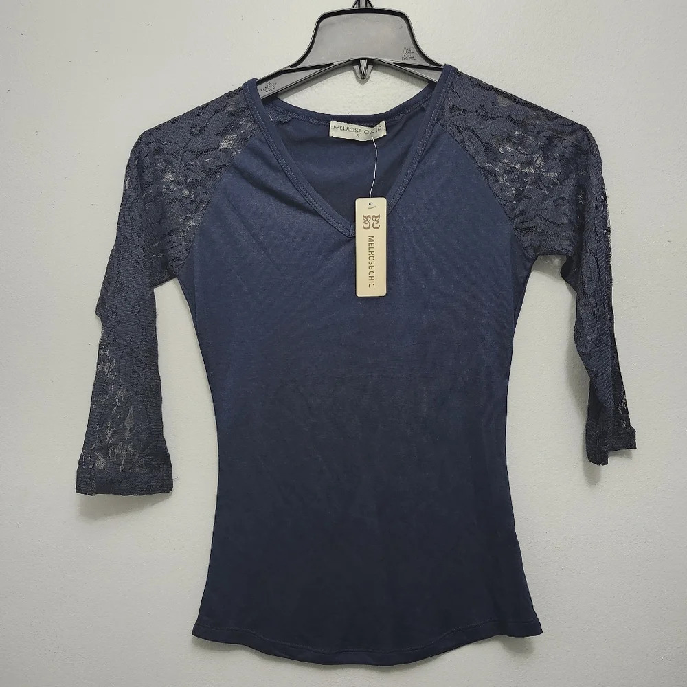 Melrose chic women's top blouse mix media lace sleeve navy blue size S